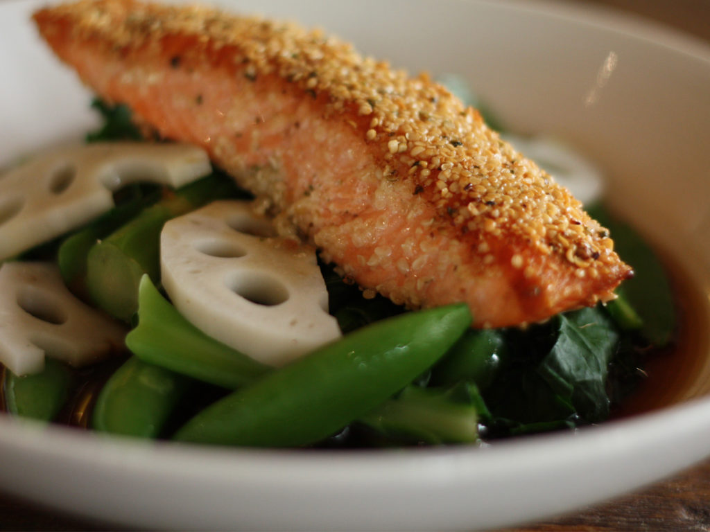 hemp crusted salmon with chinese broccoli lotus peas yozu ponzu