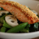 Hemp Crusted Salmon, Chinese Broccoli, Lotus, Peas, &amp; Yuzu Ponzu | Dr. Weil&#039;s Healthy Kitchen