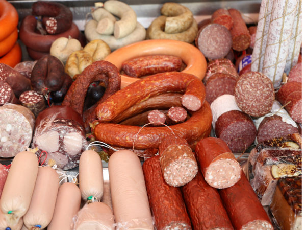 Variety of sausage products in a butcher´s shop