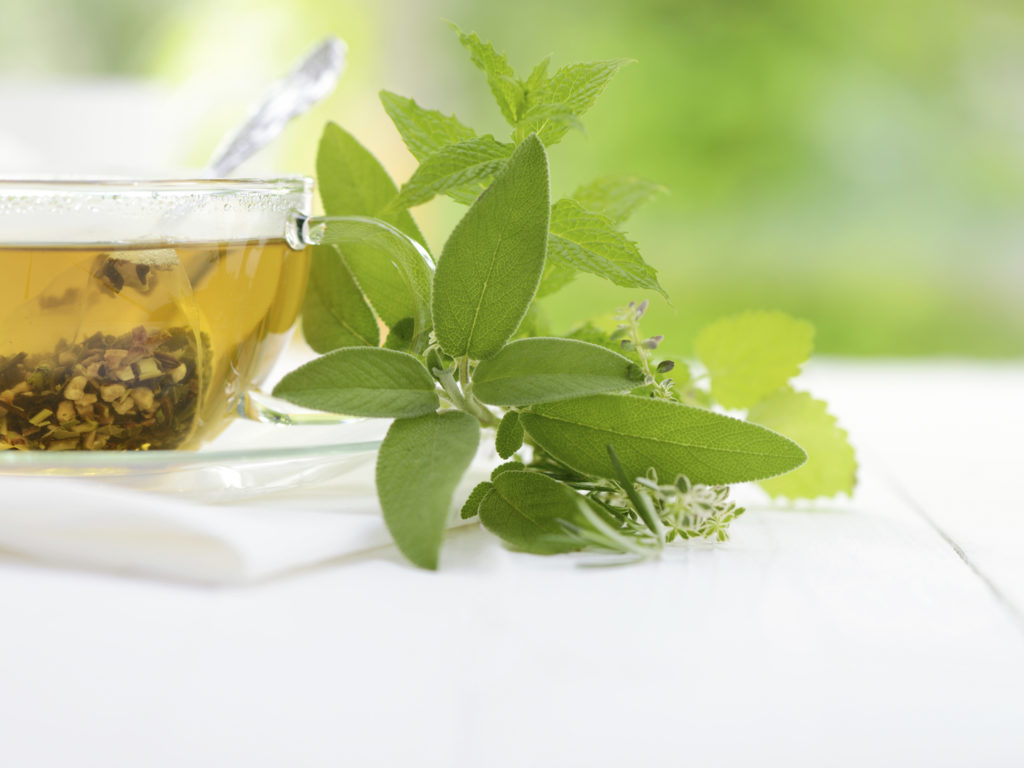 Herbal tea in a teabag with herbal leaves