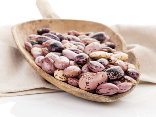 Pinto beans on wooden scoop on beige table cloth. Healthy eating, agriculture background.