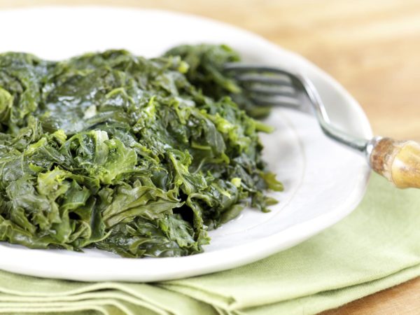 Plate of Southern-style mixed braised collards and kale with fork and napkin