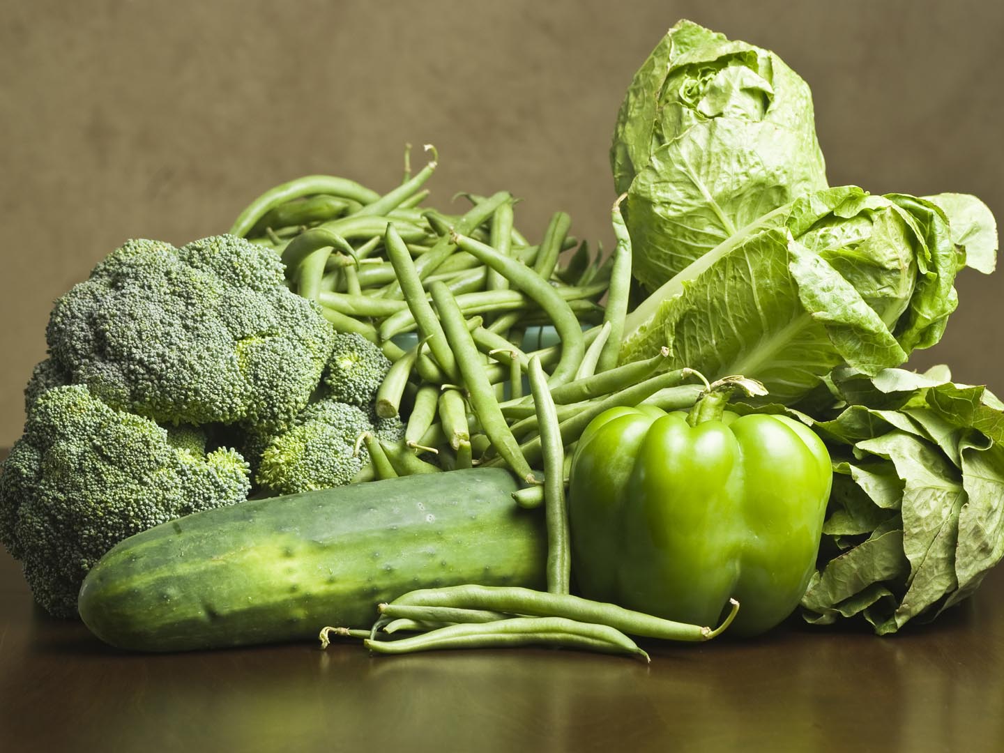 Variety of Green Vegetables-Green Beans, Green Pepper, Broccoli, Cucumber, Romaine Lettuce
