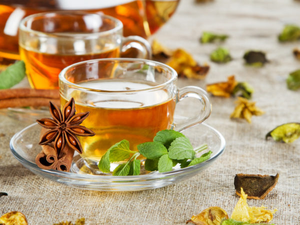 Tea cup with fresh mint leaves, closeup photo