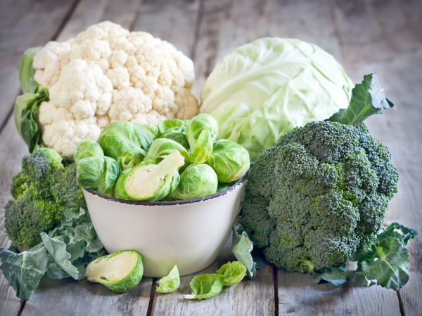 Assortment of cabbages on old wood background