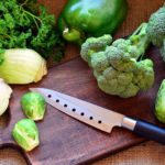 Broccoli, Brussels sprouts, bell pepper, fennel seed and knife