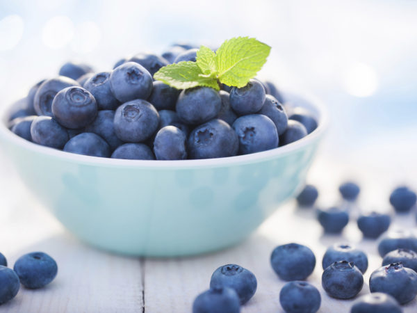 Blueberries in a bowl with leafs of mint