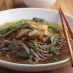 Japanese shiitake, soba, and green bean soup