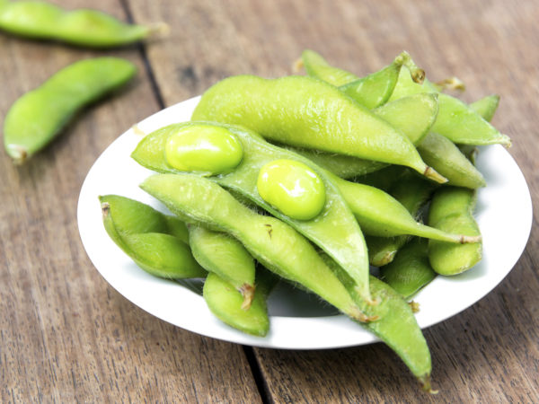 Edamame soy beans in white plate