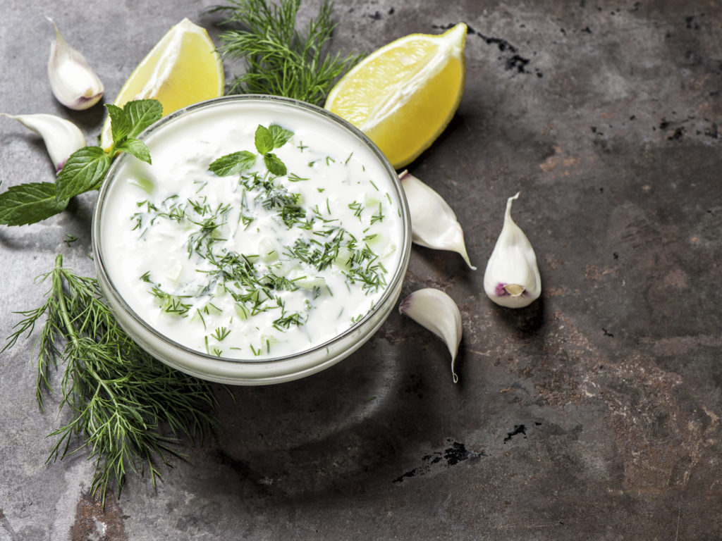 Tzatziki sauce. Fresh dip with herbs dill and mint