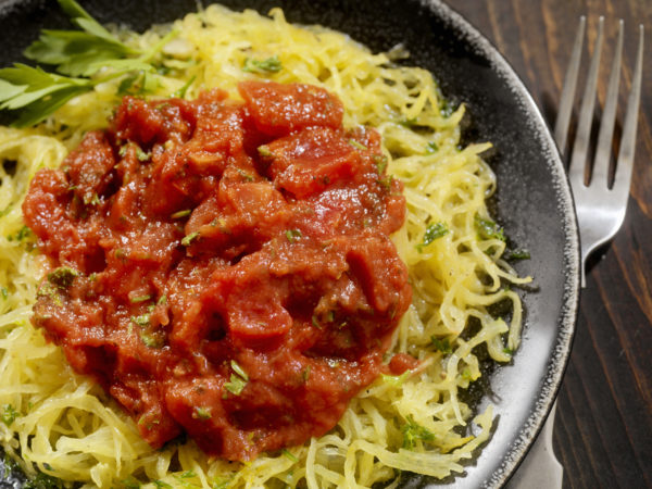 Spaghetti Squash with Tomato Sauce and Toasted Bread - Photographed on Hasselblad H3D2-39mb Camera