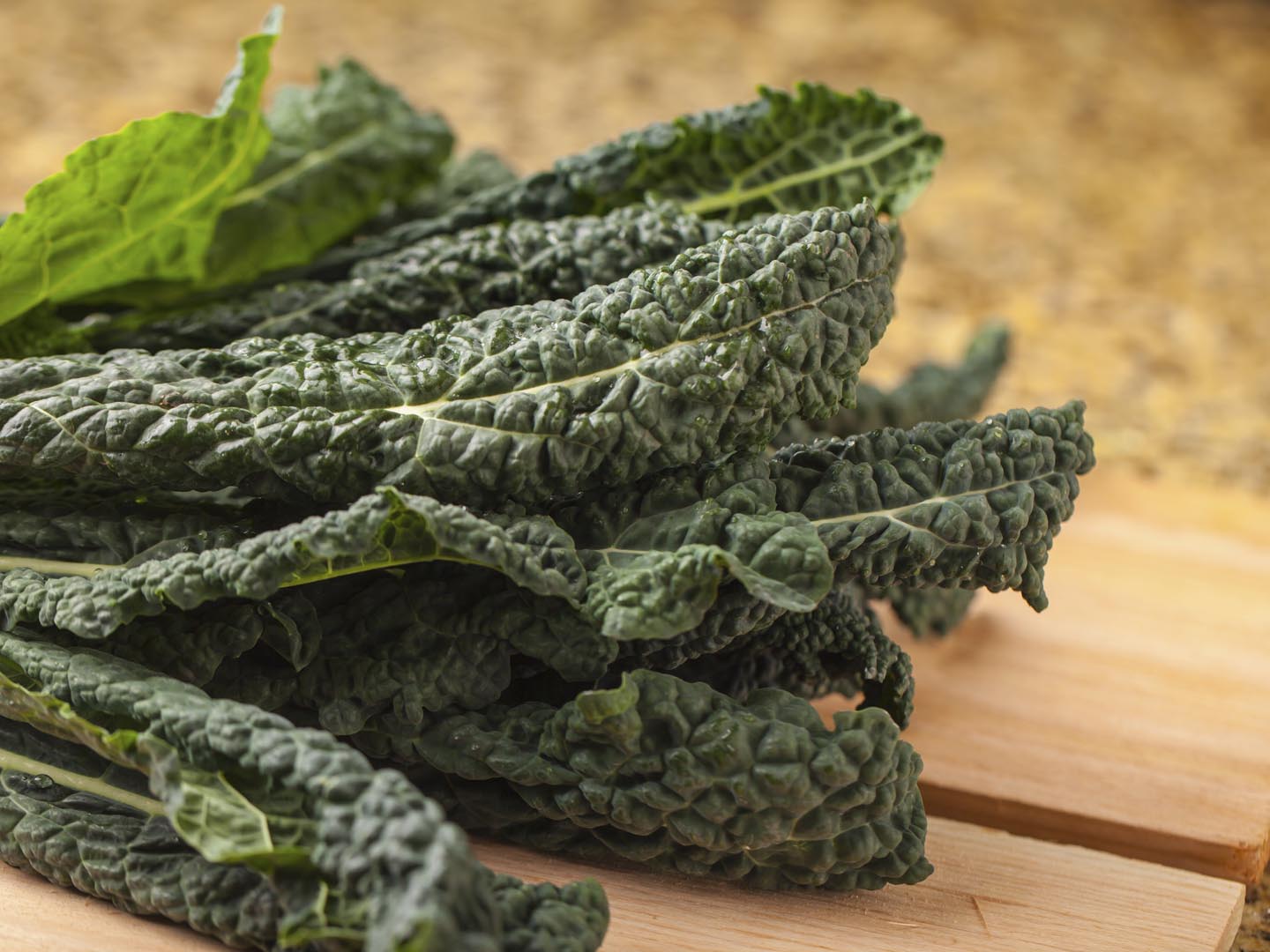 macro shot of bunch of freshly harvested lacinato kale on cedar planks