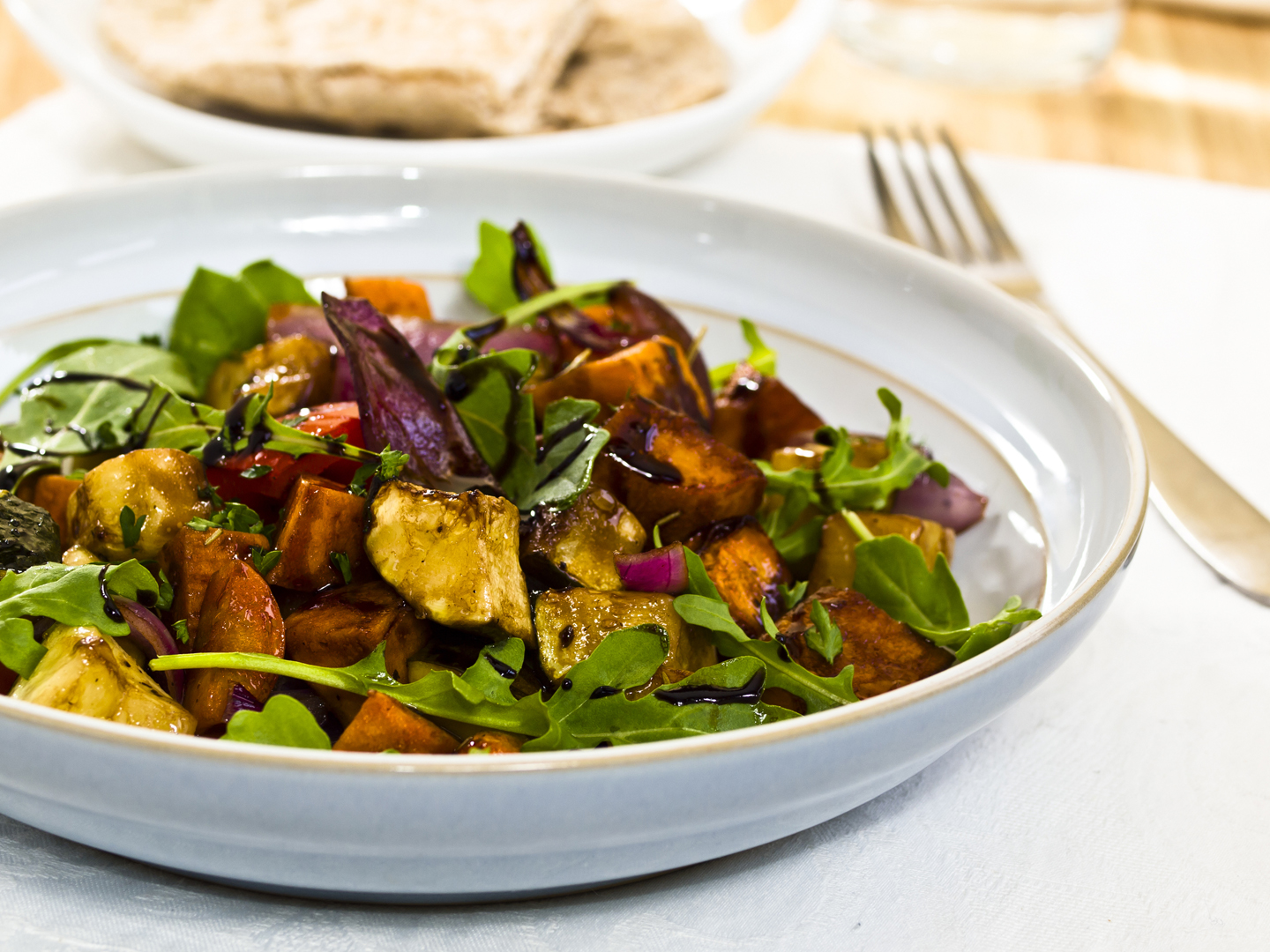 "Healthy olive oil roast vegetable with balsamic vinegar salad.roast red onion,courgettes,sweet potato,red pepper,carrots,add rosemary,thyme,mix with rocket.more food photos,Click my food lightbox please."