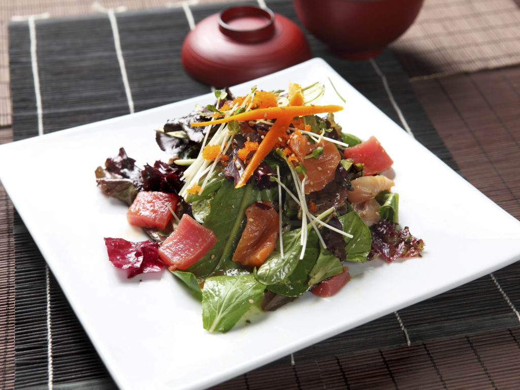 Japanese Appetizer, Sashimi Salad with salmon, tuna, yellowtail...etc.