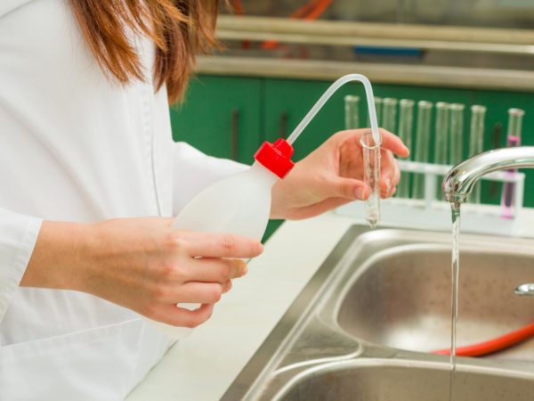 Rinsing laboratory test tubes with distilled water over the sink.