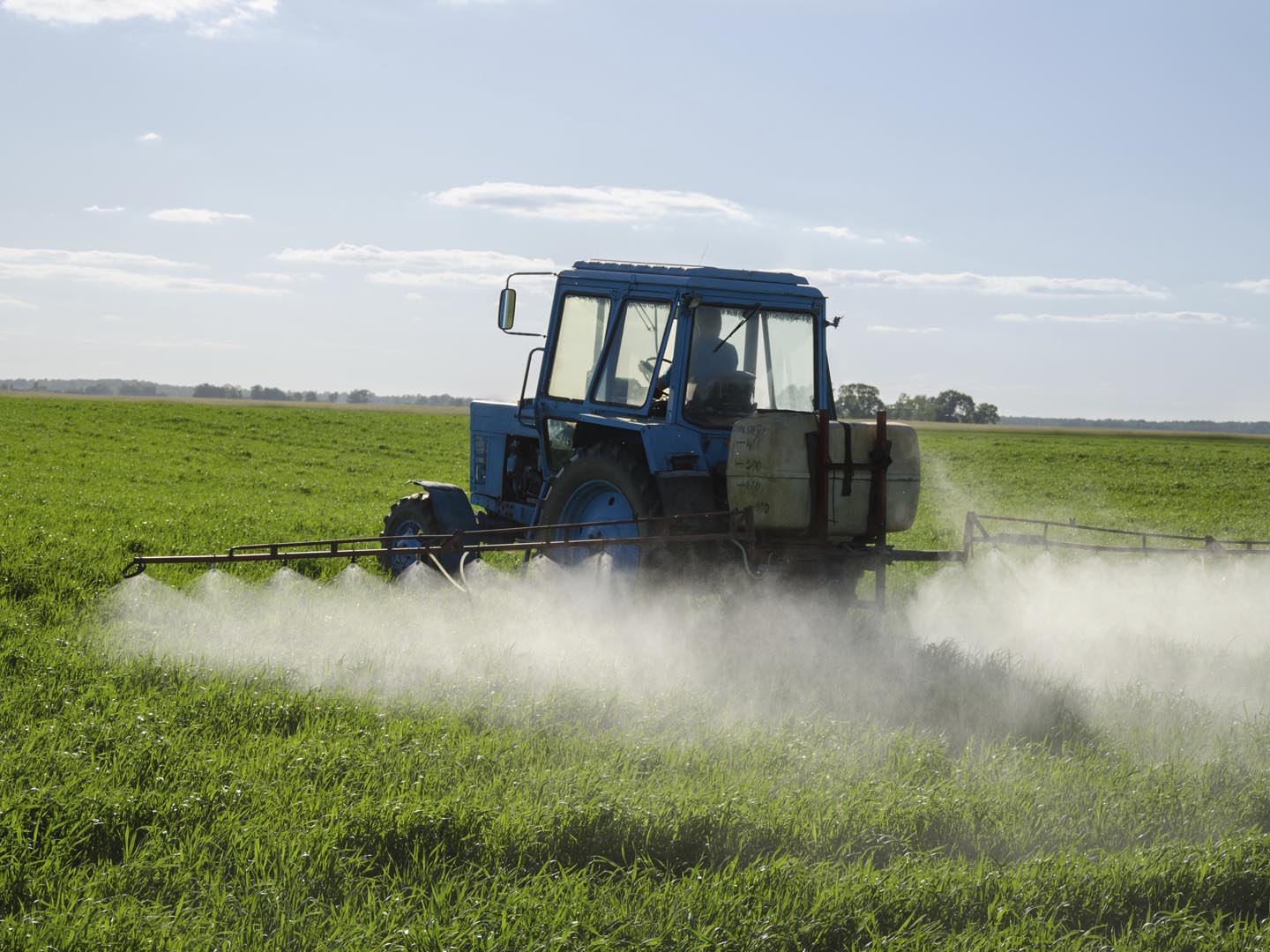 Tractor spray fertilize field with insecticide herbicide chemicals in agriculture field and evening sunlight.