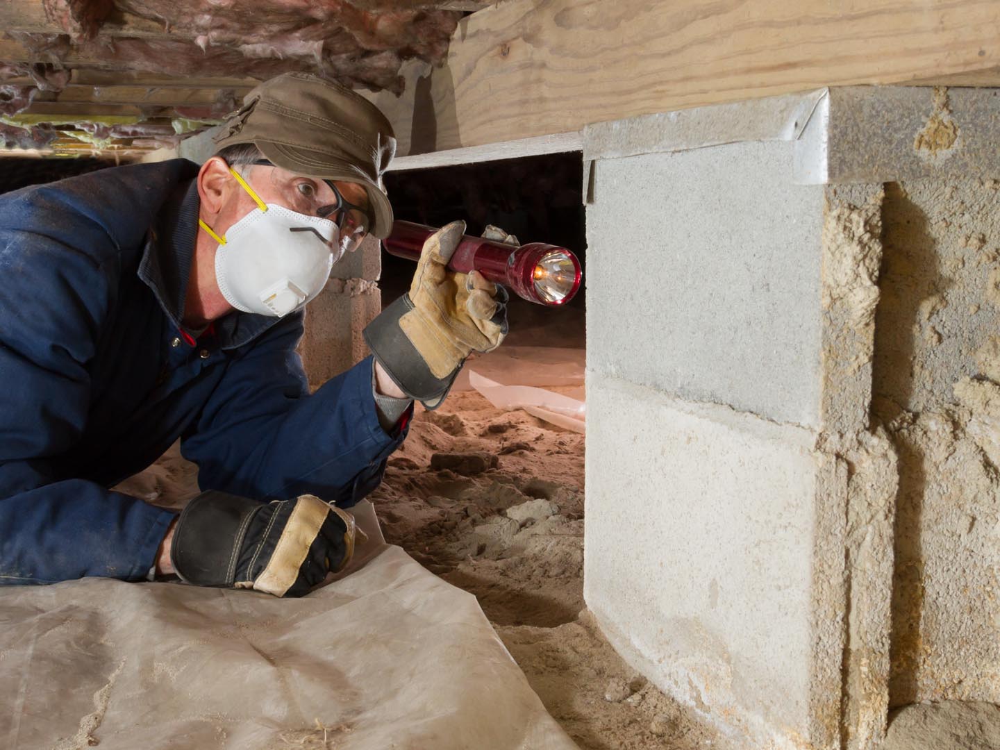 Termite inspector in residential crawl space inspects a pier for termites.