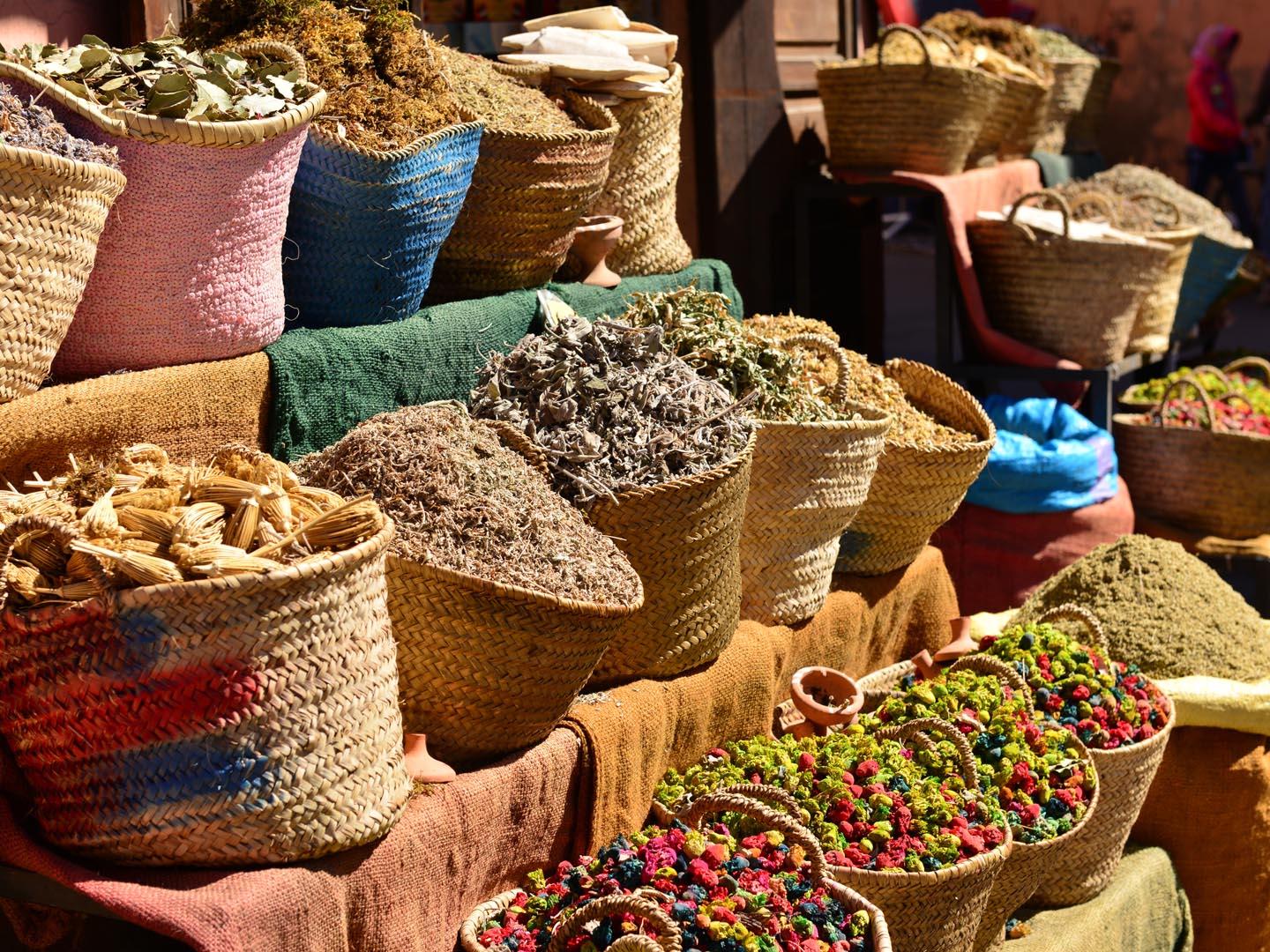 Market stall herbs and spices for sale near Palace El Badi.