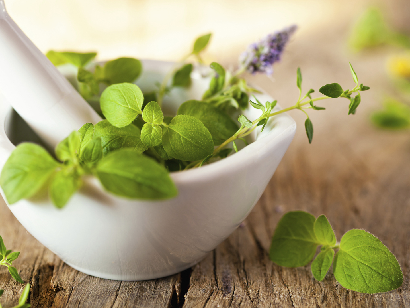 Green herbs in a white mortar. On a wooden plank. Fresh spices.