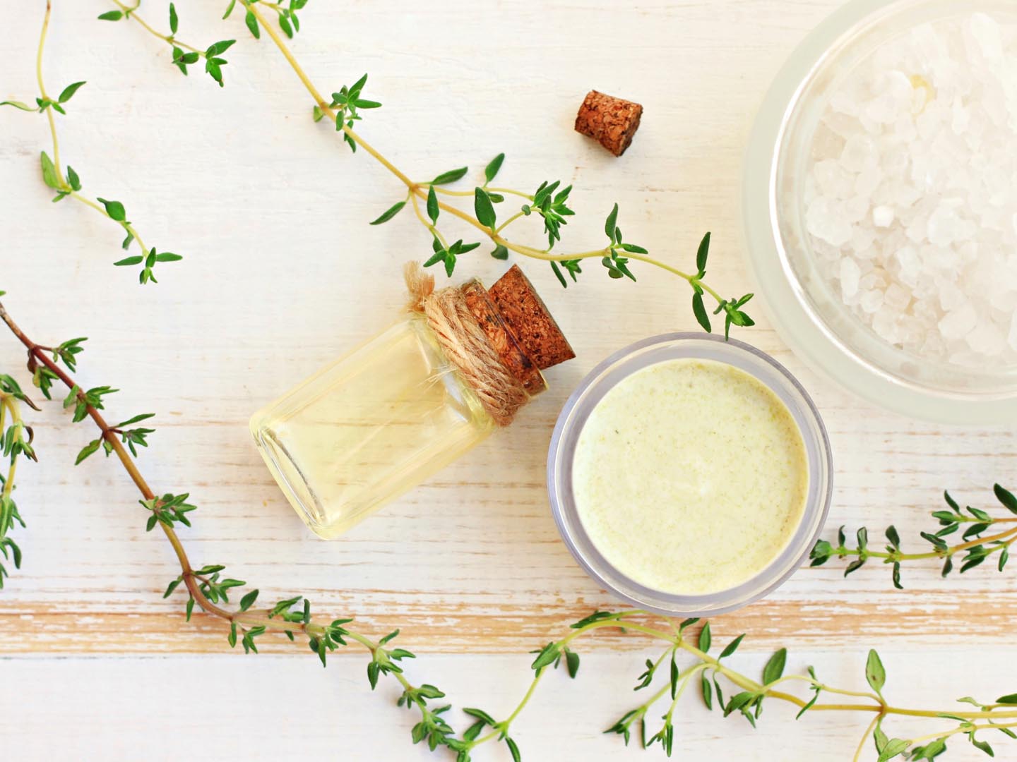 Fresh thyme herbs. Herbal remedies. Top view.