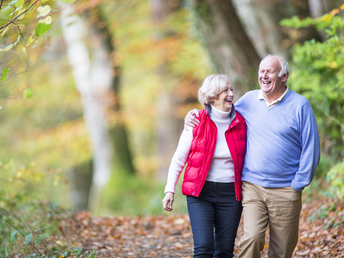 A happy senior couple take a stroll through the woods together.