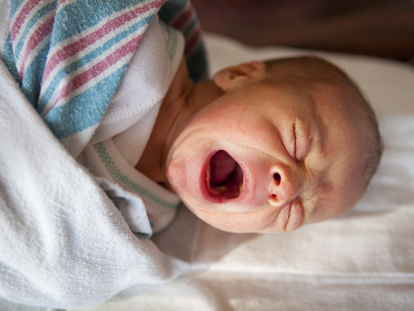 A 1 day old baby boy crying.