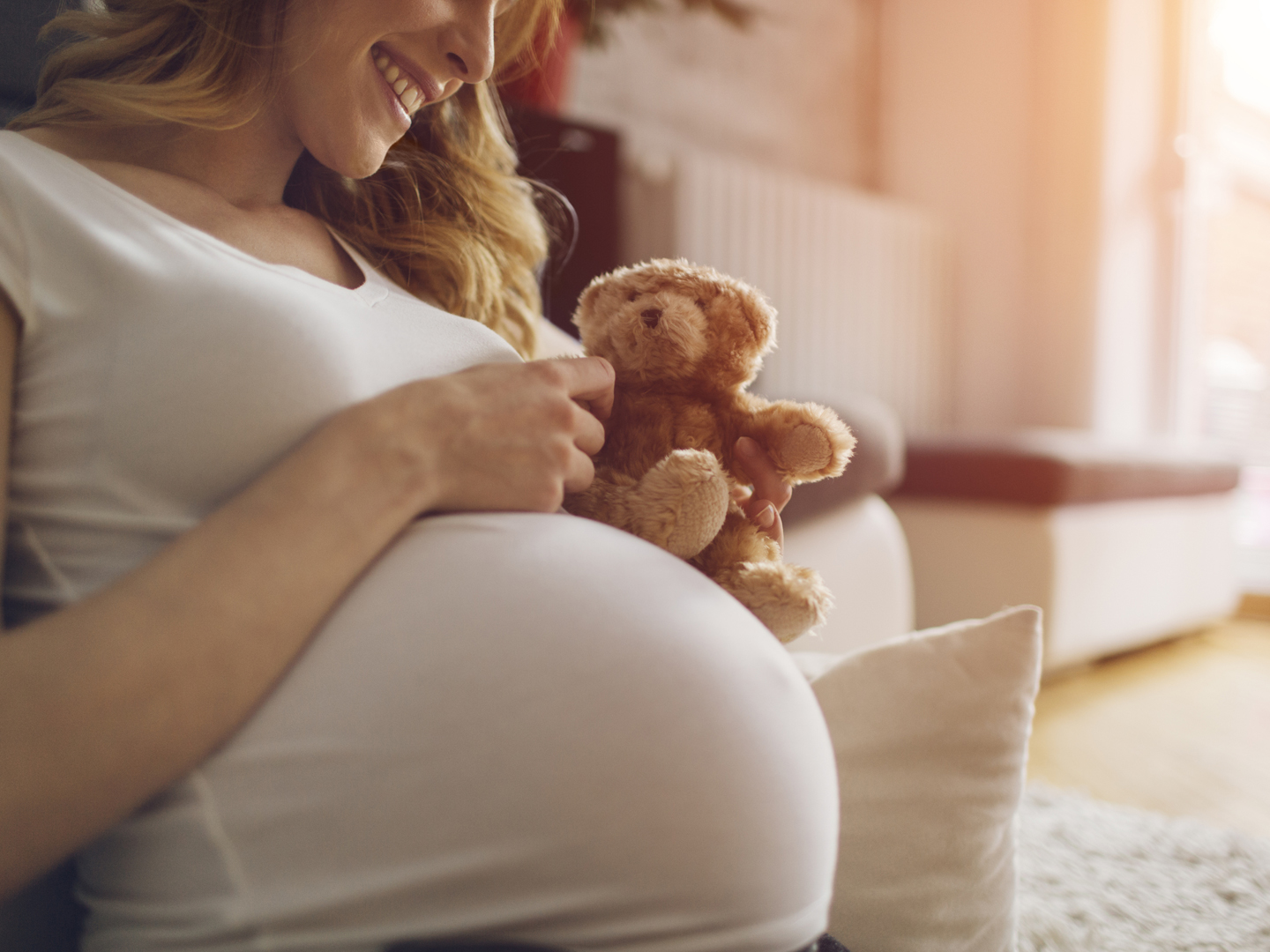 Pregnant Woman Holding Teddy Bear and smiling, sitting on the floor in her living room.  Wearing white T-shirt . Woman has brown curly hair and beautiful smile. Sunlight in background.