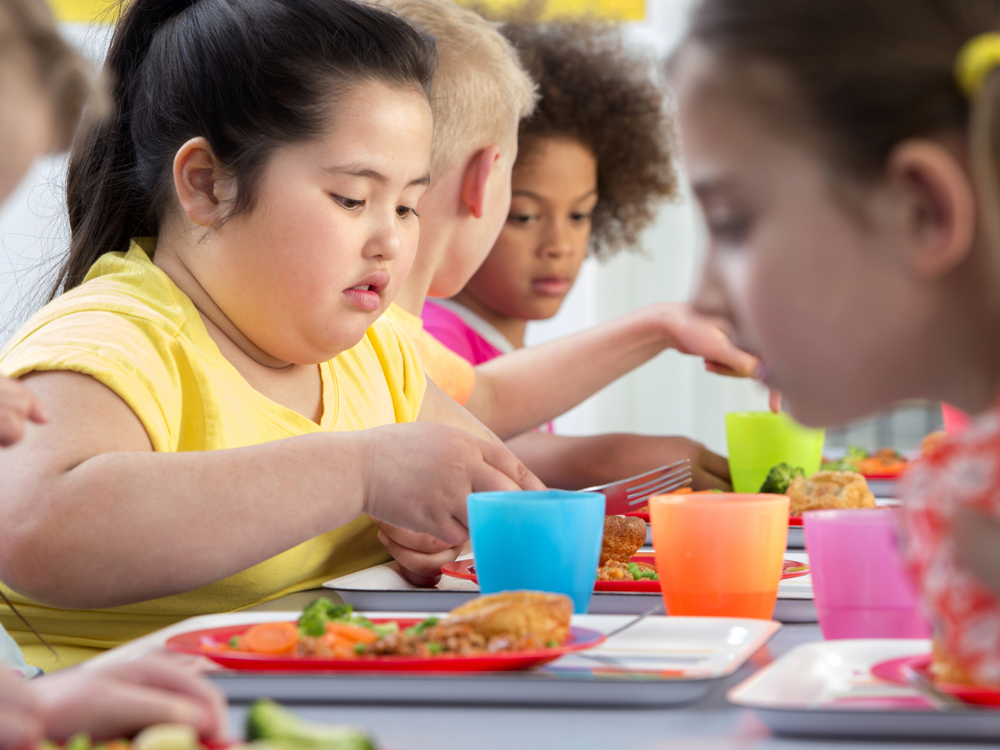 School children enjoying their school dinners