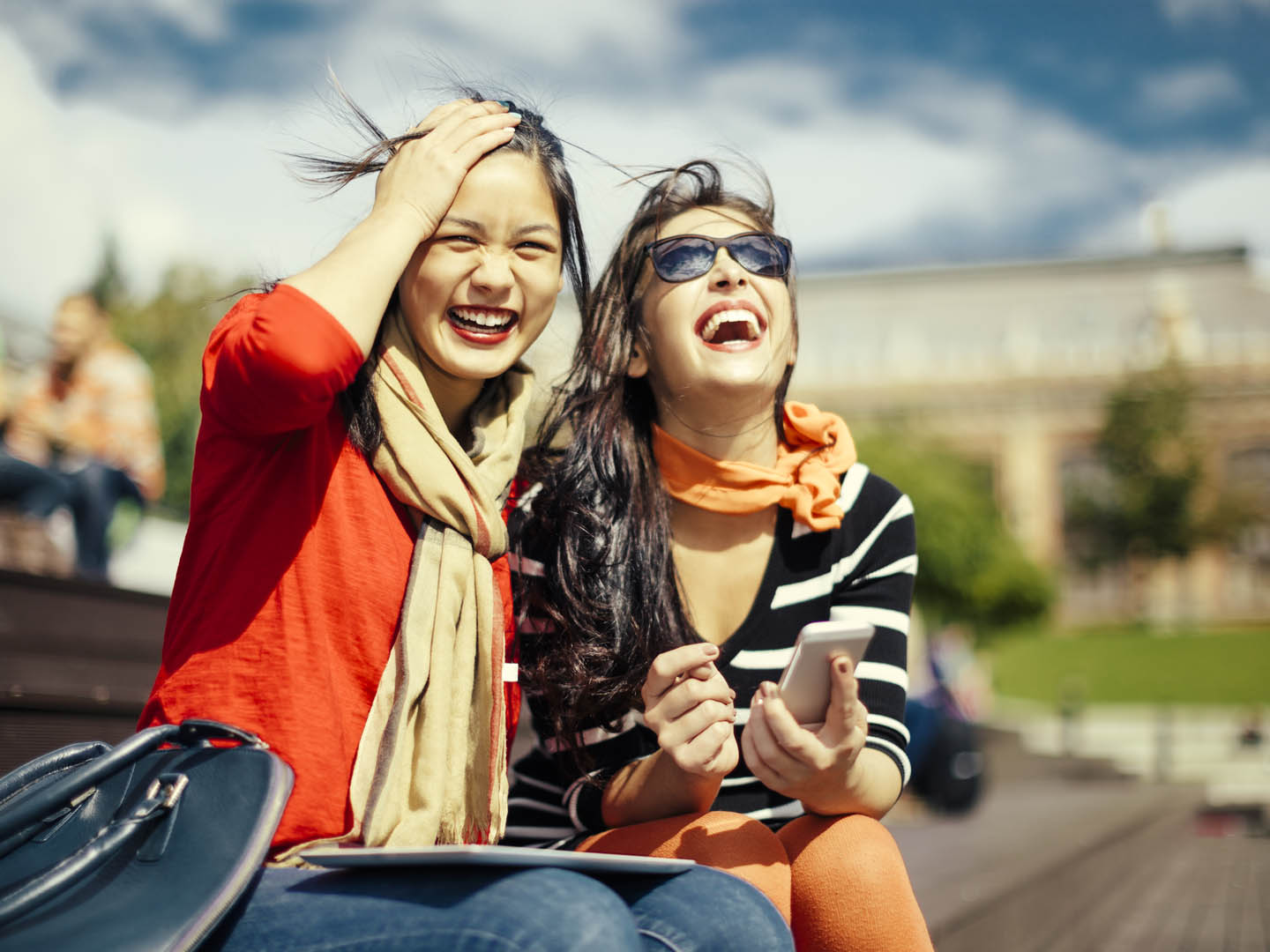 Student girls having fun outdoors
