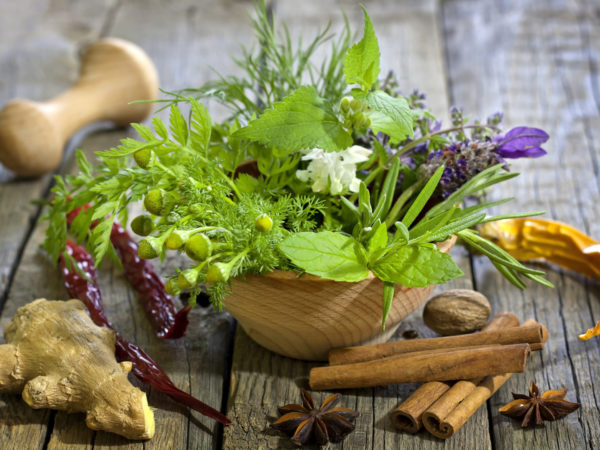 Fresh herbs and spices on vintage wooden boards closeup