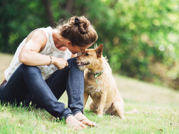 A mature Caucasian woman has relaxing fun playing with her dog in a beautiful park setting.  She lovingly talks to him with a smile on her face.  They rest in the grass, the woman arm over the dog.  Horizontal image with copy space.