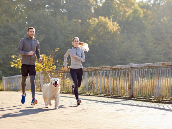 fitness, sport, people and lifestyle concept - happy couple with dog running outdoors