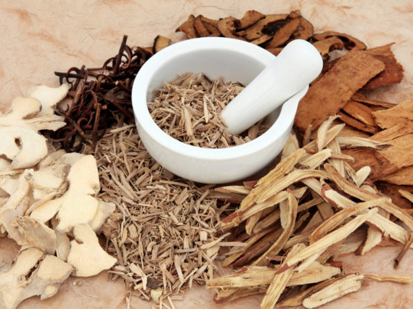 Chinese herb selection with mortar and pestle over mottled background.