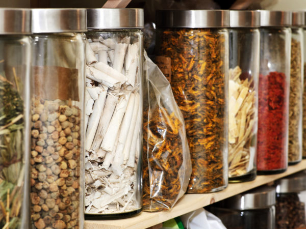 Traditional chinese medicine herbs and remedies in jars