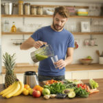 Young man preparing fruit or vegetable smoothie or juice in his kitchen. Different fruits and vegetables on the table. Pouring green smoothie in glass. Caucasian, casual style, brown hair and beard.