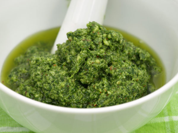 Basil pesto in a bowl